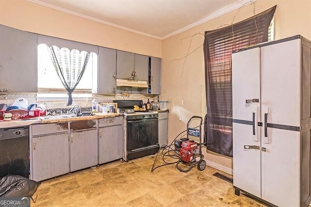 kitchen with stove, black dishwasher, sink, light tile patterned floors, and ornamental molding