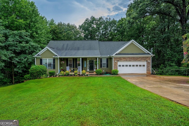 ranch-style house with a front lawn, a porch, and a garage