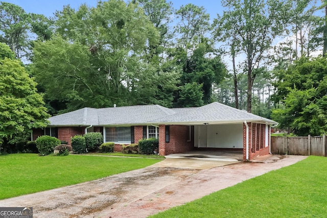 ranch-style house featuring a carport and a front lawn