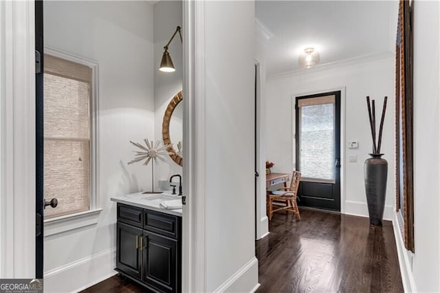 bathroom with crown molding, hardwood / wood-style floors, and vanity