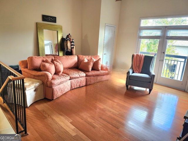 living room featuring french doors, a towering ceiling, light wood-type flooring, and a healthy amount of sunlight