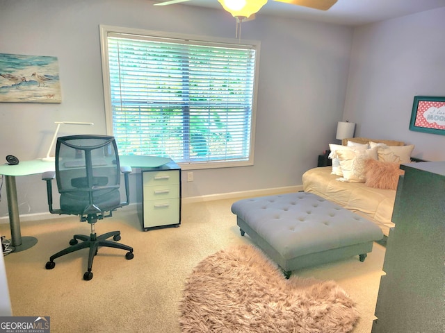 bedroom featuring carpet flooring, ceiling fan, and multiple windows