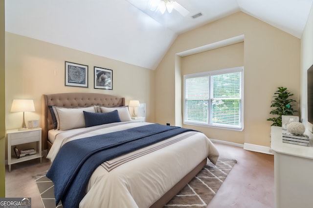 carpeted bedroom featuring lofted ceiling, visible vents, and baseboards