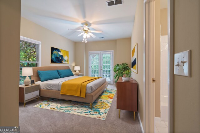 carpeted bedroom with access to outside and ceiling fan