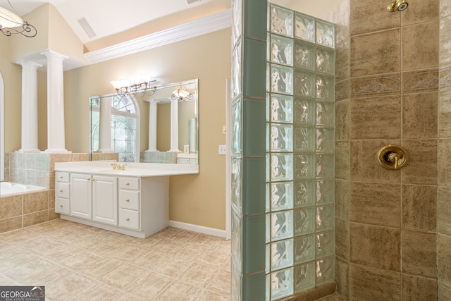 full bath with ornamental molding, a garden tub, vanity, ornate columns, and a walk in shower