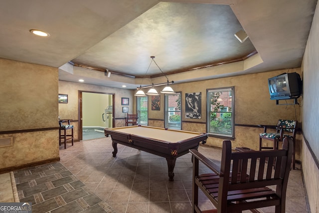 game room with pool table, a tray ceiling, visible vents, and recessed lighting