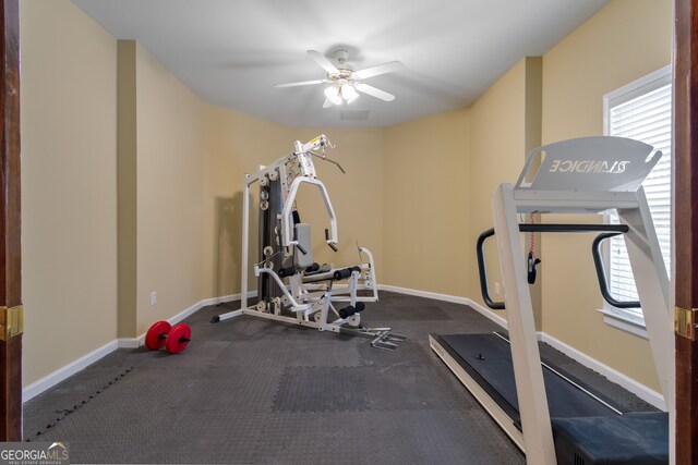 workout area featuring ceiling fan and carpet flooring