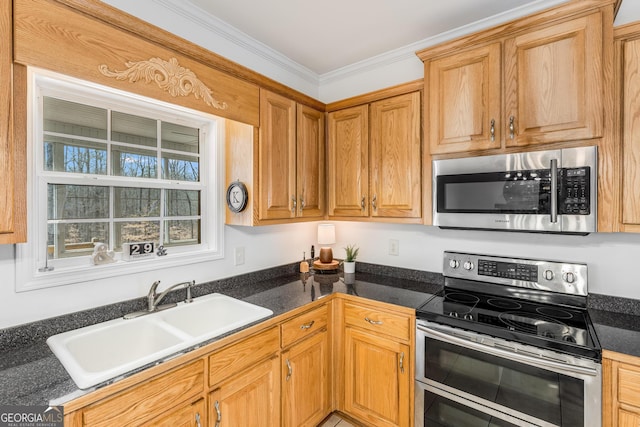 kitchen with dark countertops, ornamental molding, stainless steel appliances, and a sink