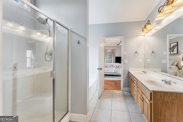 bathroom with a shower with shower door, crown molding, dual bowl vanity, and hardwood / wood-style floors