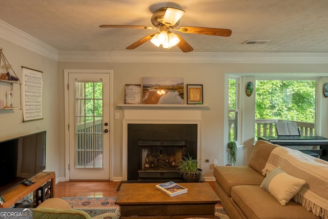 living room with ornamental molding, ceiling fan, and a textured ceiling