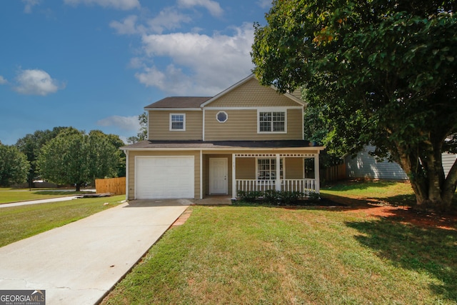 view of front of property with a front lawn, a porch, and a garage