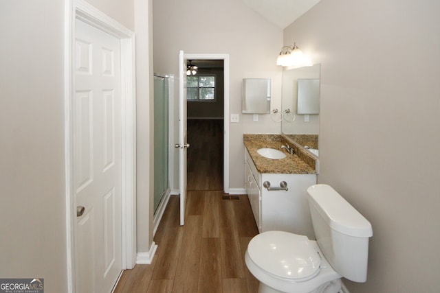 bathroom with vanity, hardwood / wood-style floors, an enclosed shower, and toilet