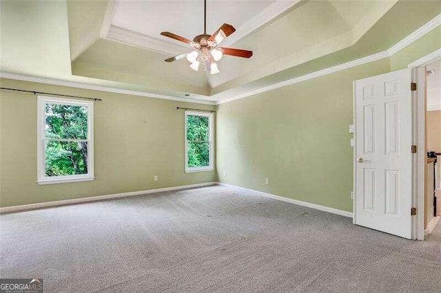 empty room featuring ornamental molding, a tray ceiling, and carpet flooring