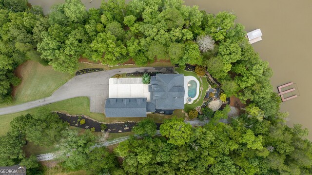 drone / aerial view featuring a water view