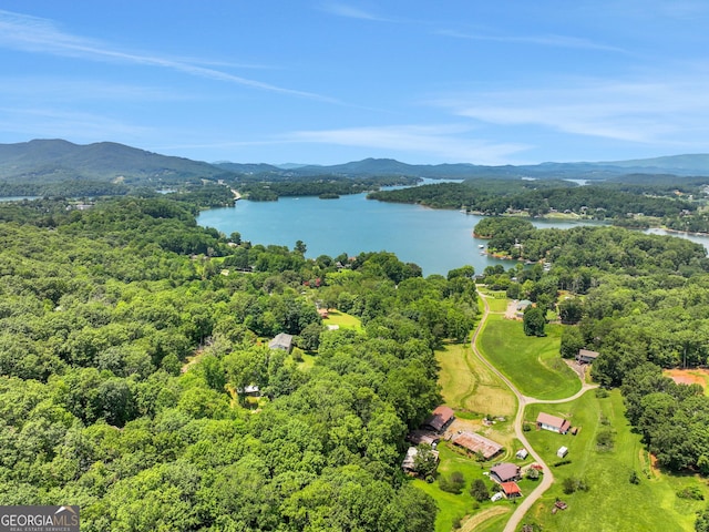 bird's eye view with a water and mountain view