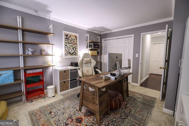 office featuring carpet floors and ornamental molding