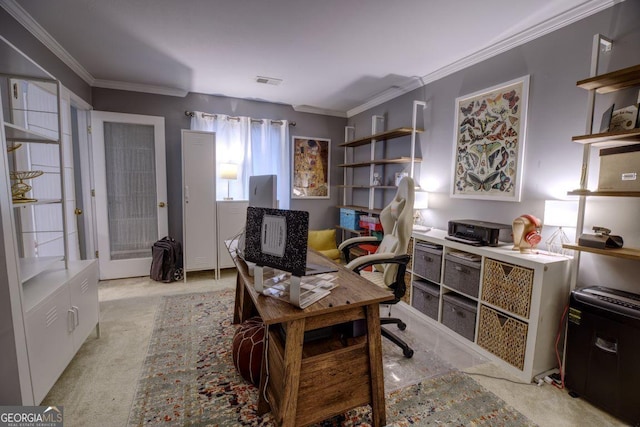 office area featuring french doors and ornamental molding