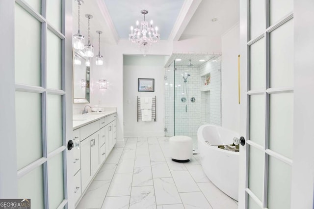 bathroom featuring tile patterned flooring, plus walk in shower, ornamental molding, and vanity