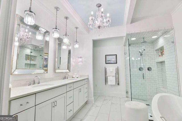 bathroom featuring tile patterned flooring, crown molding, walk in shower, and dual vanity