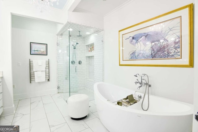 bathroom with crown molding, independent shower and bath, tile patterned floors, and vanity