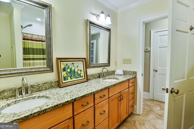 bathroom featuring crown molding, curtained shower, a sink, and double vanity