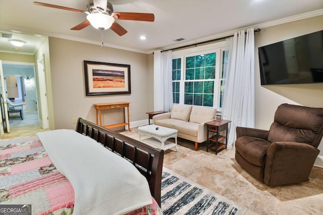 tiled bedroom with ceiling fan and crown molding