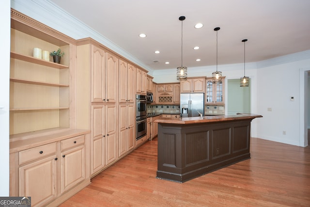 kitchen featuring a kitchen island with sink, stainless steel appliances, light brown cabinetry, and light wood-type flooring