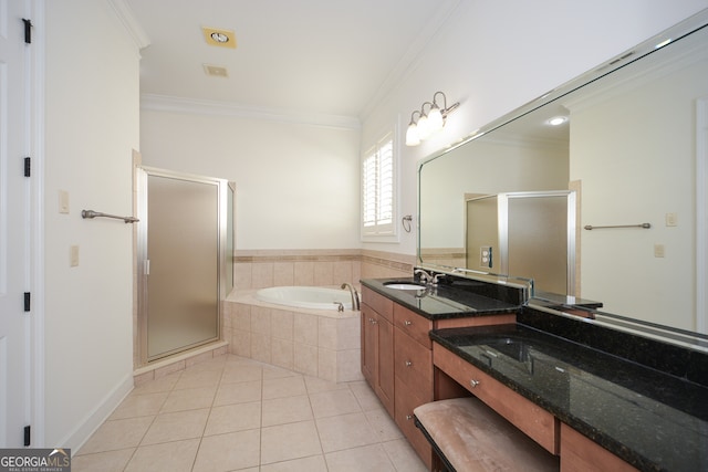 bathroom with vanity, independent shower and bath, ornamental molding, and tile patterned flooring