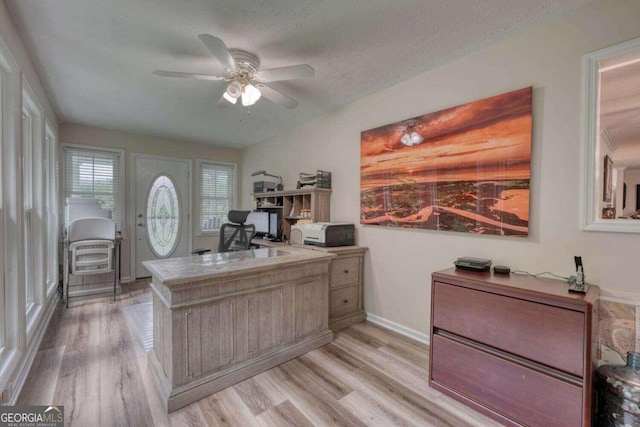 office space with a textured ceiling, light wood-type flooring, and ceiling fan