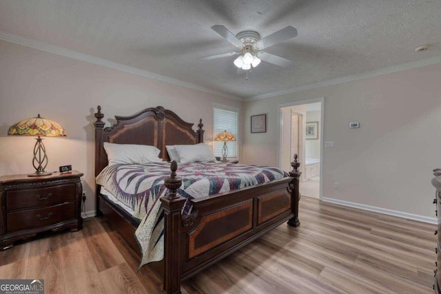 bedroom with ornamental molding, ensuite bath, a textured ceiling, light hardwood / wood-style floors, and ceiling fan