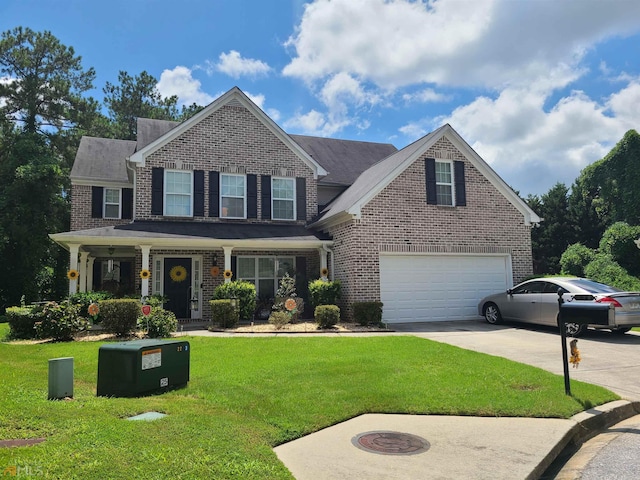 view of front of home with a garage, a front lawn, concrete driveway, and brick siding