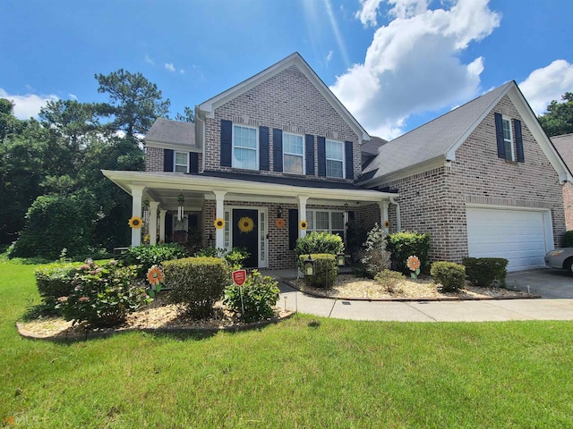 view of front of property with brick siding, a porch, and a front yard