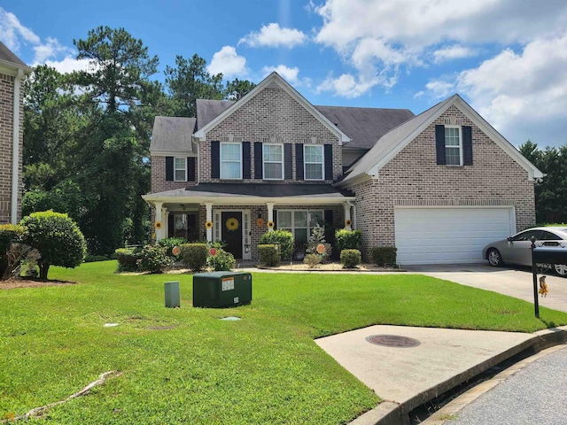 view of front of home with a front lawn, concrete driveway, and brick siding