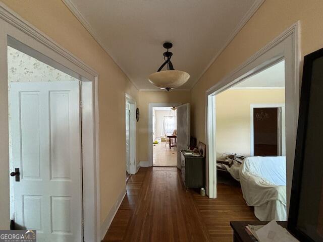 hallway with ornamental molding and dark hardwood / wood-style flooring