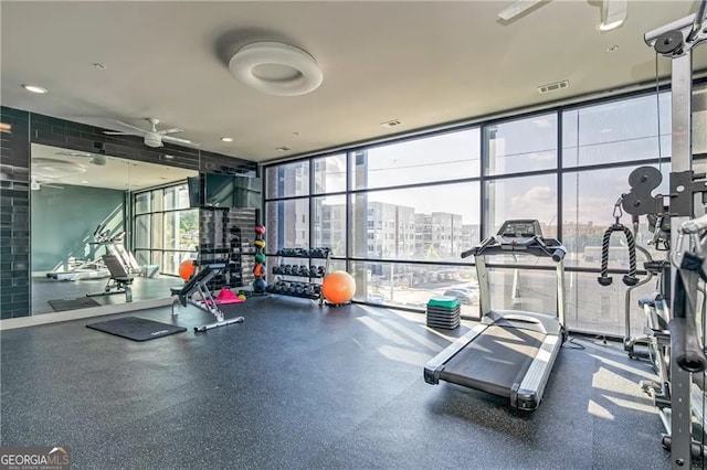 workout area with floor to ceiling windows, a healthy amount of sunlight, and ceiling fan