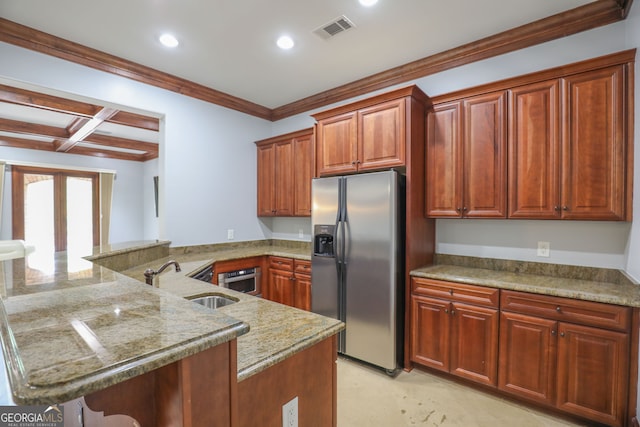 kitchen featuring kitchen peninsula, coffered ceiling, appliances with stainless steel finishes, sink, and ornamental molding