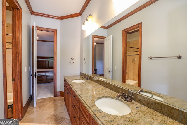 bathroom featuring tile patterned flooring, double sink vanity, and ornamental molding