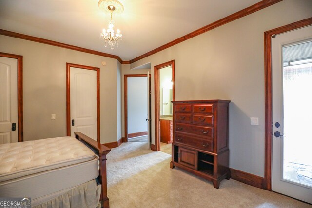 carpeted bedroom featuring multiple windows, a notable chandelier, and ornamental molding