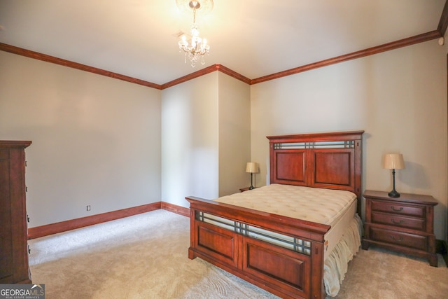 bedroom featuring light carpet, a chandelier, and ornamental molding