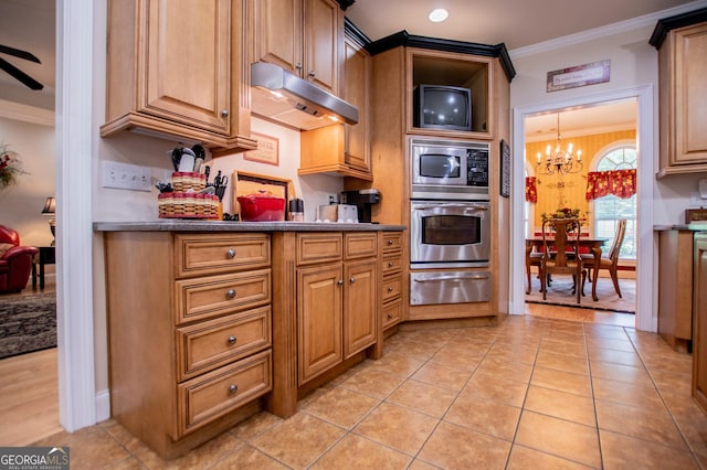 kitchen featuring light tile patterned floors, crown molding, ceiling fan with notable chandelier, and appliances with stainless steel finishes