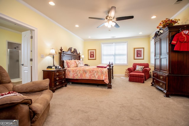 bedroom with crown molding, light colored carpet, and ceiling fan