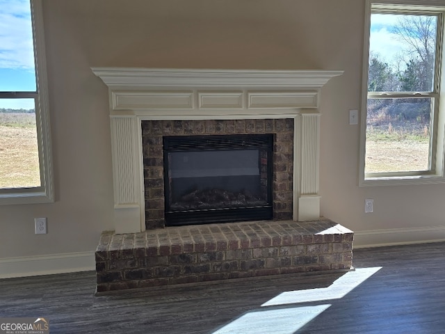 details with a fireplace, baseboards, and wood finished floors