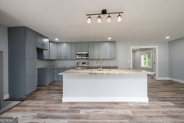 kitchen with an island with sink, stainless steel appliances, and light hardwood / wood-style floors