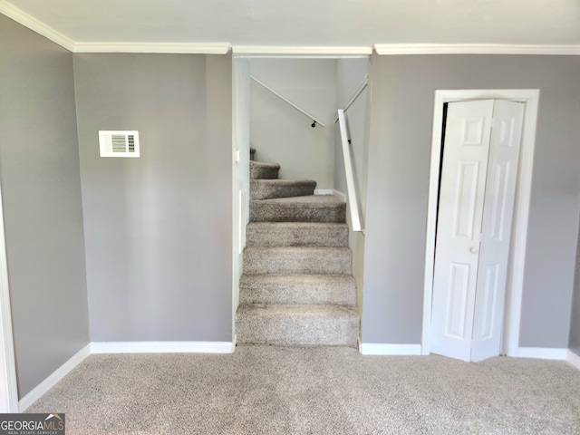 stairway with carpet flooring and ornamental molding