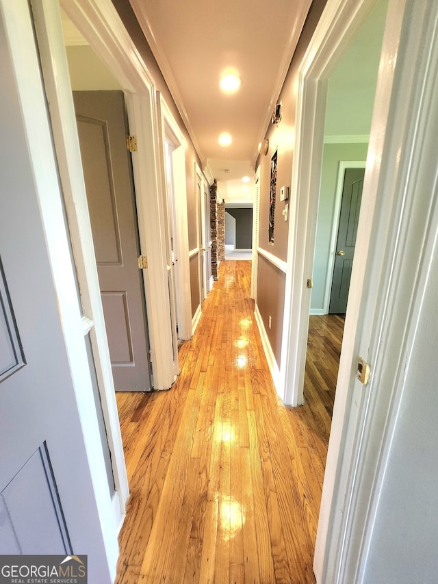 hallway with crown molding and light wood-type flooring