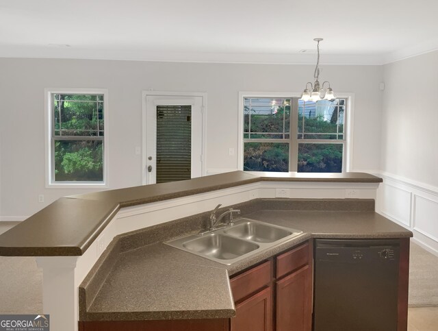 kitchen featuring black dishwasher, an inviting chandelier, sink, decorative light fixtures, and light carpet