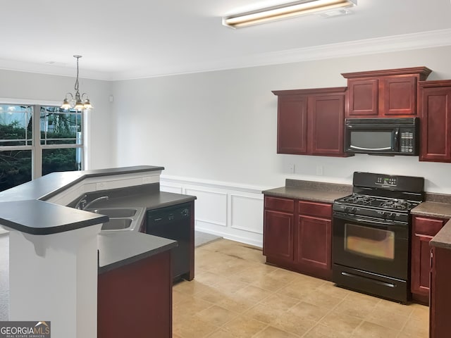 kitchen with black appliances, sink, decorative light fixtures, light tile patterned floors, and a chandelier