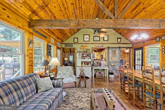 living room featuring wood walls, wooden ceiling, lofted ceiling with beams, and hardwood / wood-style floors