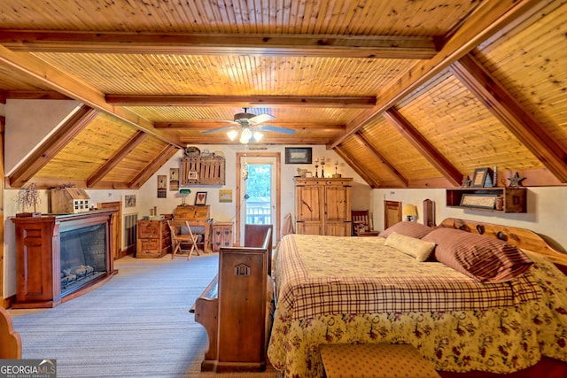 carpeted bedroom with wooden ceiling and vaulted ceiling with beams