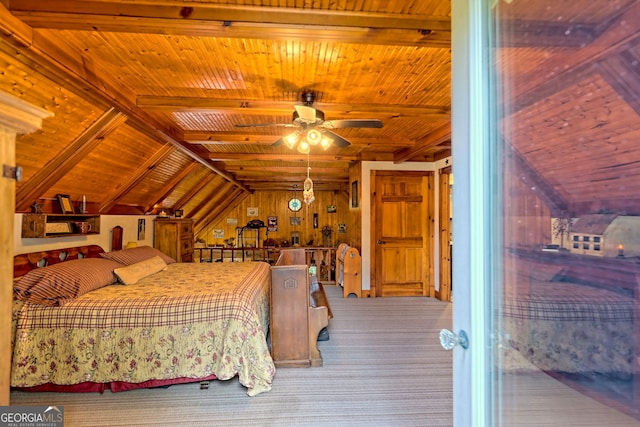 bedroom featuring wood walls, vaulted ceiling with beams, and wood ceiling